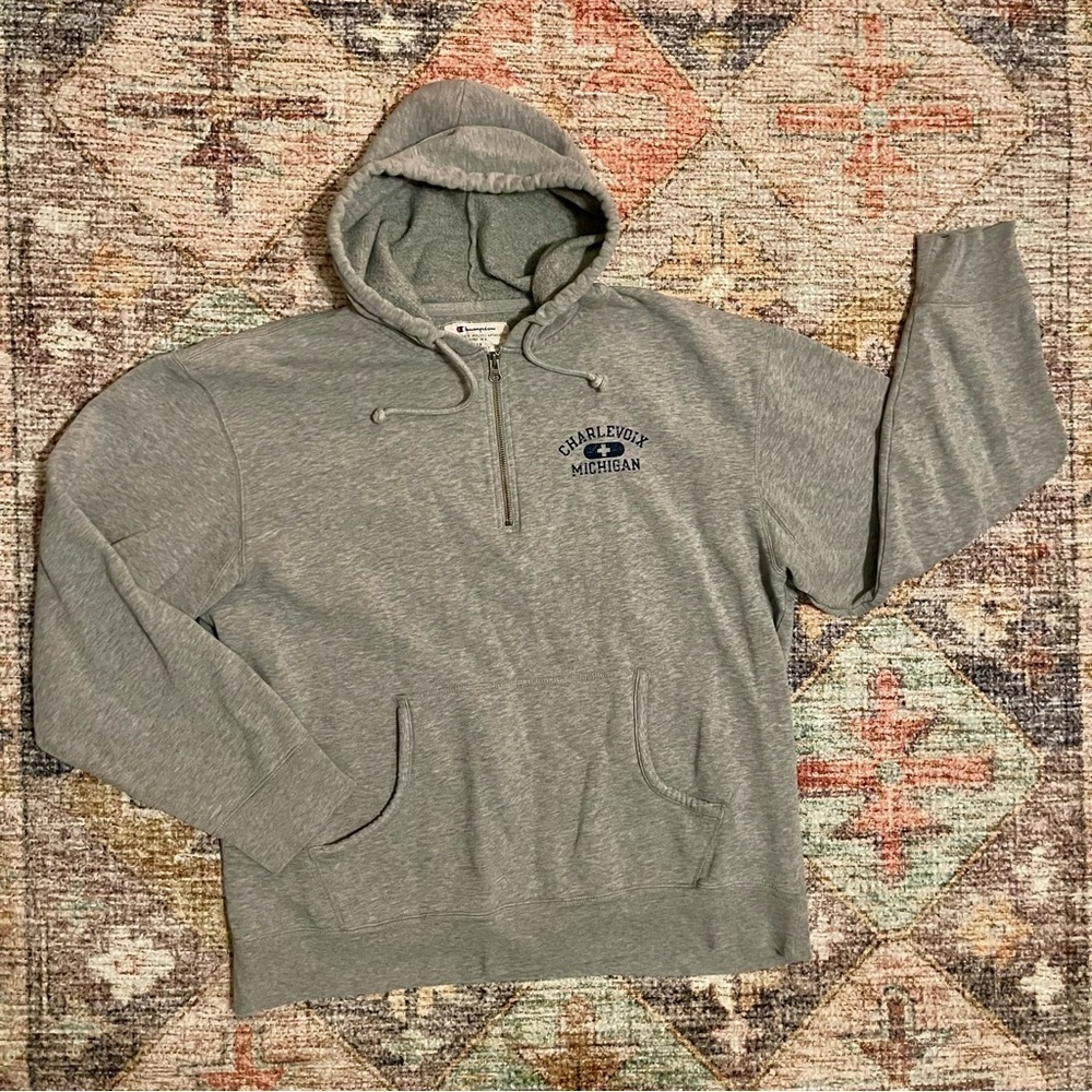 Champion Gray Half-Zip Hoodie with Charlevoix Michigan Logo